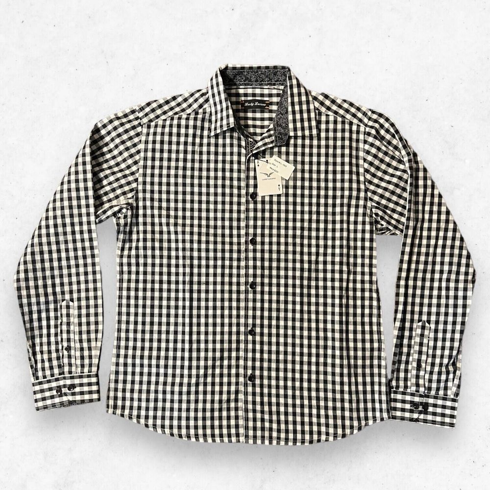 Lucky Luciano Men's Large Black White‎ Check Long Sleeve Button-Up Shirt